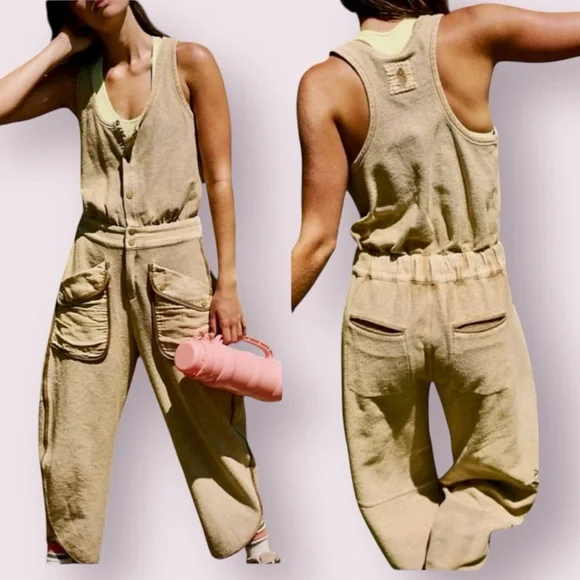 NWOT Free People Movement Timko Onesie Utility Jumpsuit Wide Leg Neutral Tan Med - Picture 1 of 12